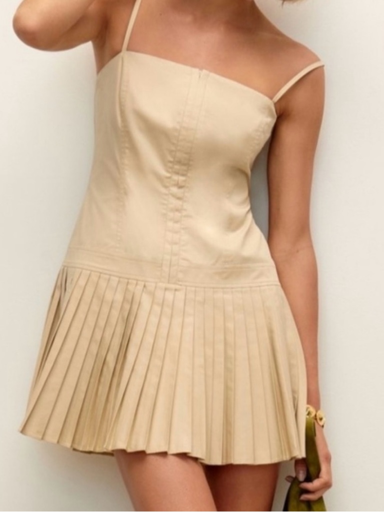 Spaghetti-Strap Pleated Sparkle Mini Dress In Beige